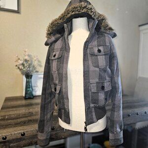 ROXY Gray Plaid Jacket with Faux Fur Hood